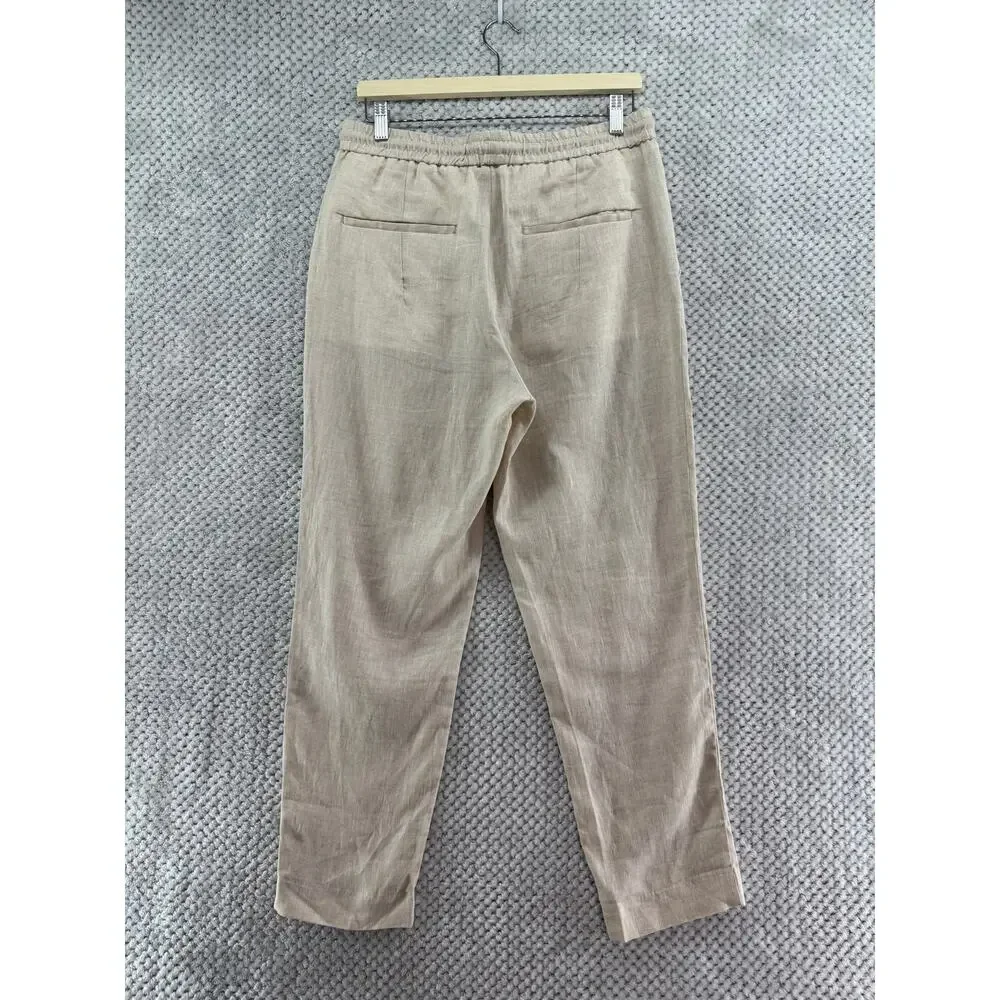 ZARA Linen Pull On Pants Womens Medium Cream Elastic Wasit Pockets High Rise